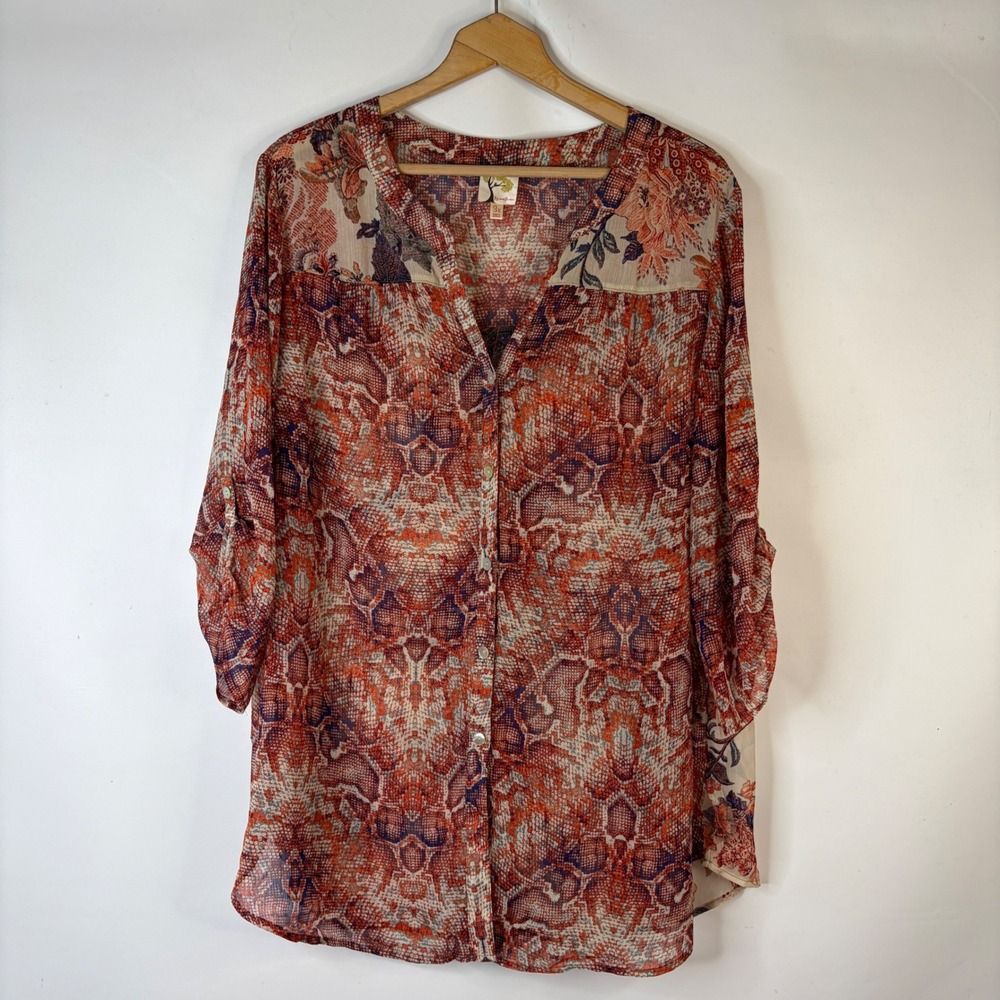 Fig and Flower Tunic Blouse Women 3X Orange Snakeskin Floral Sheer Print Top